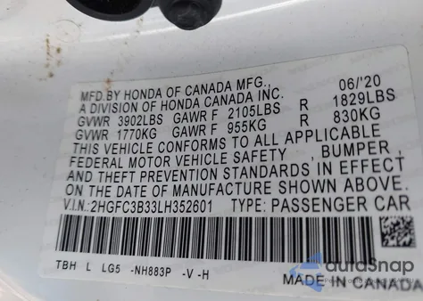 2020 Honda Civic Ex z USA, uszkodzony, nr VIN 2HGFC3B33LH352601